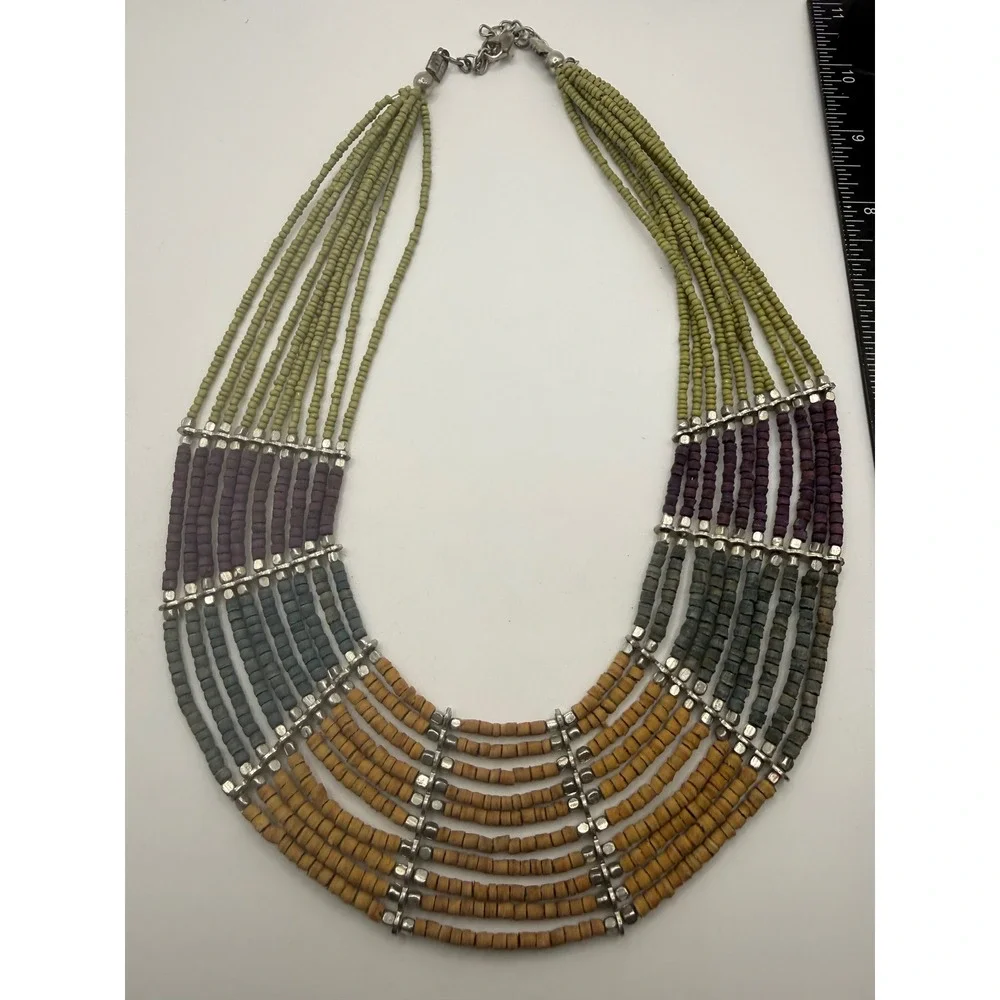 Boho Multi Strand Seed Bead Bib Statement Necklace Earth Tones Colorblock Silver